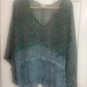 CAbi Green and Blue Relaxed Blouse with Long Dolman Sleeves